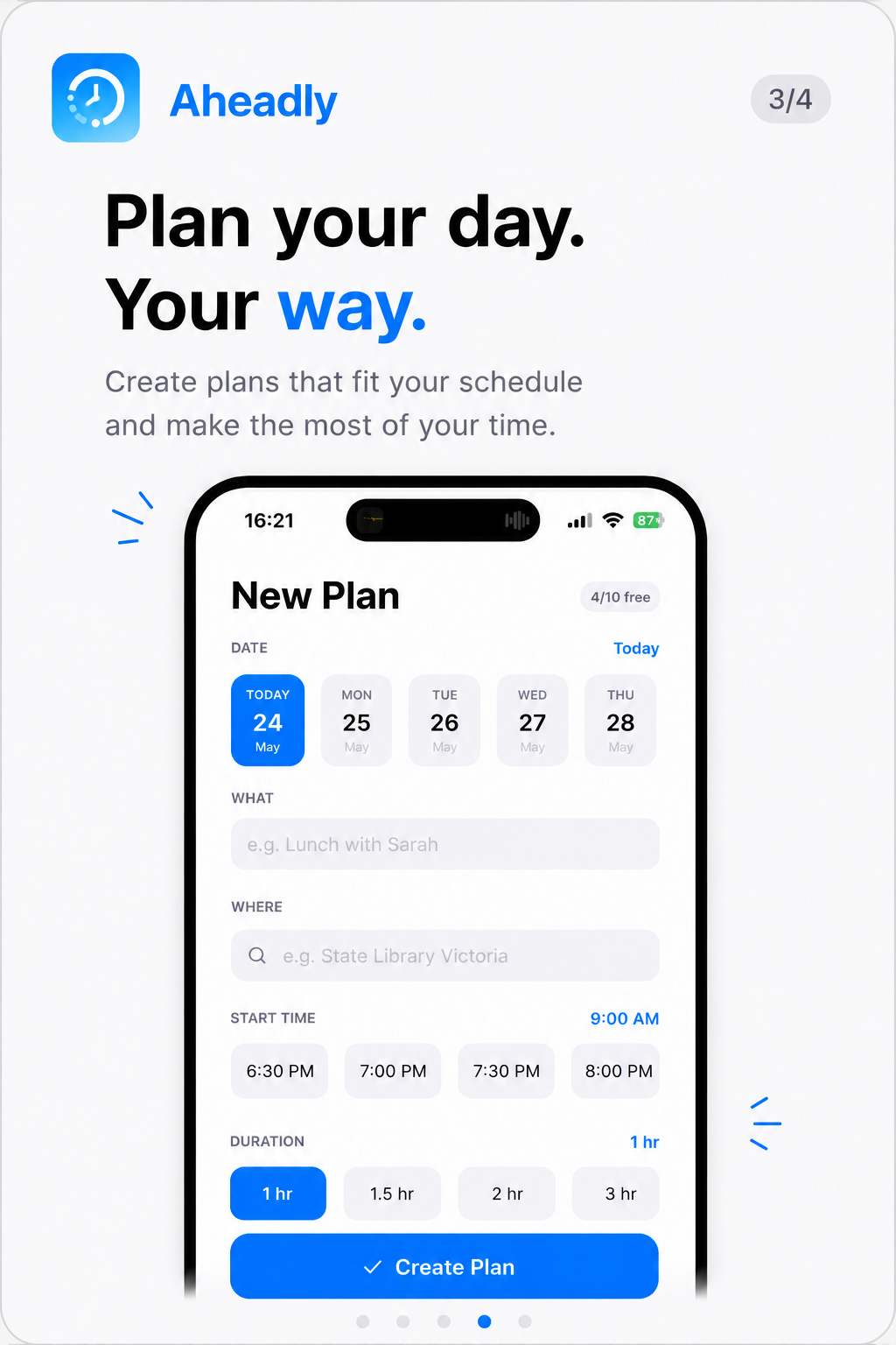 Aheadly plan creation screen